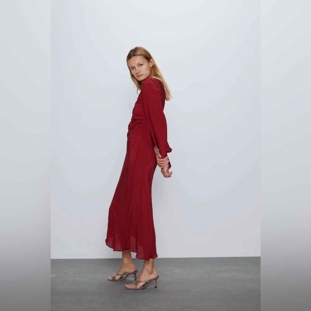 Maroon Red One Sleeve Shoulder Asymmetrical Midi Satin Formal Fancy Dress Sz L - Picture 5 of 16